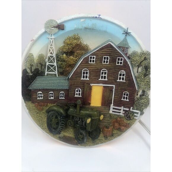 Night Light Cottage Plate  Barn /Cottage With Pumpkins & Tractor. Vintage - Picture 1 of 15